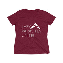Load image into Gallery viewer, Trail Parasites Unite! Women&#39;s Heather Wicking Tee - dogs-wine