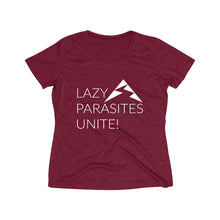 Load image into Gallery viewer, Trail Parasites Unite! Women's Heather Wicking Tee - dogs-wine