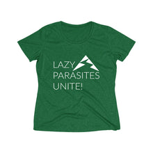 Load image into Gallery viewer, Trail Parasites Unite! Women's Heather Wicking Tee - dogs-wine