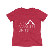 Load image into Gallery viewer, Trail Parasites Unite! Women's Heather Wicking Tee - dogs-wine