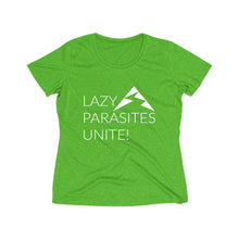 Load image into Gallery viewer, Trail Parasites Unite! Women's Heather Wicking Tee - dogs-wine