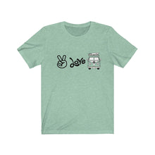 Load image into Gallery viewer, Peace, Love, VW Bus Unisex Jersey Short Sleeve Tee - dogs-wine